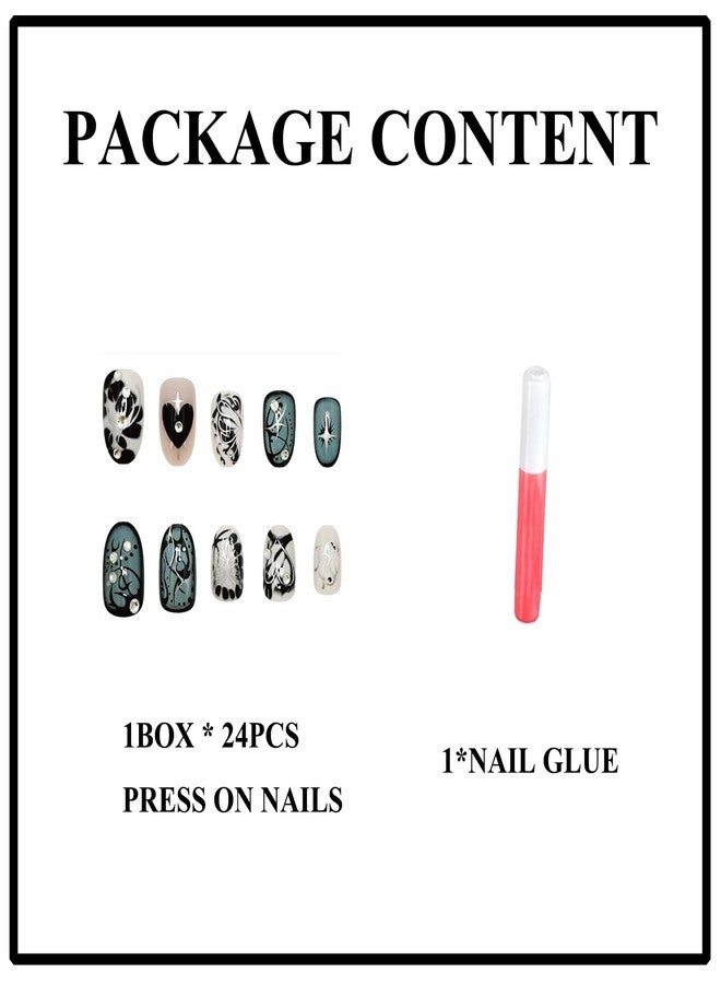 MERVF Medium Press on Nails Round Fake Nails Goth Glue ons Black Heart Butterfly Swirls Design Oval Acrylic False Nail for Women Glossy 24pcs - Image 4